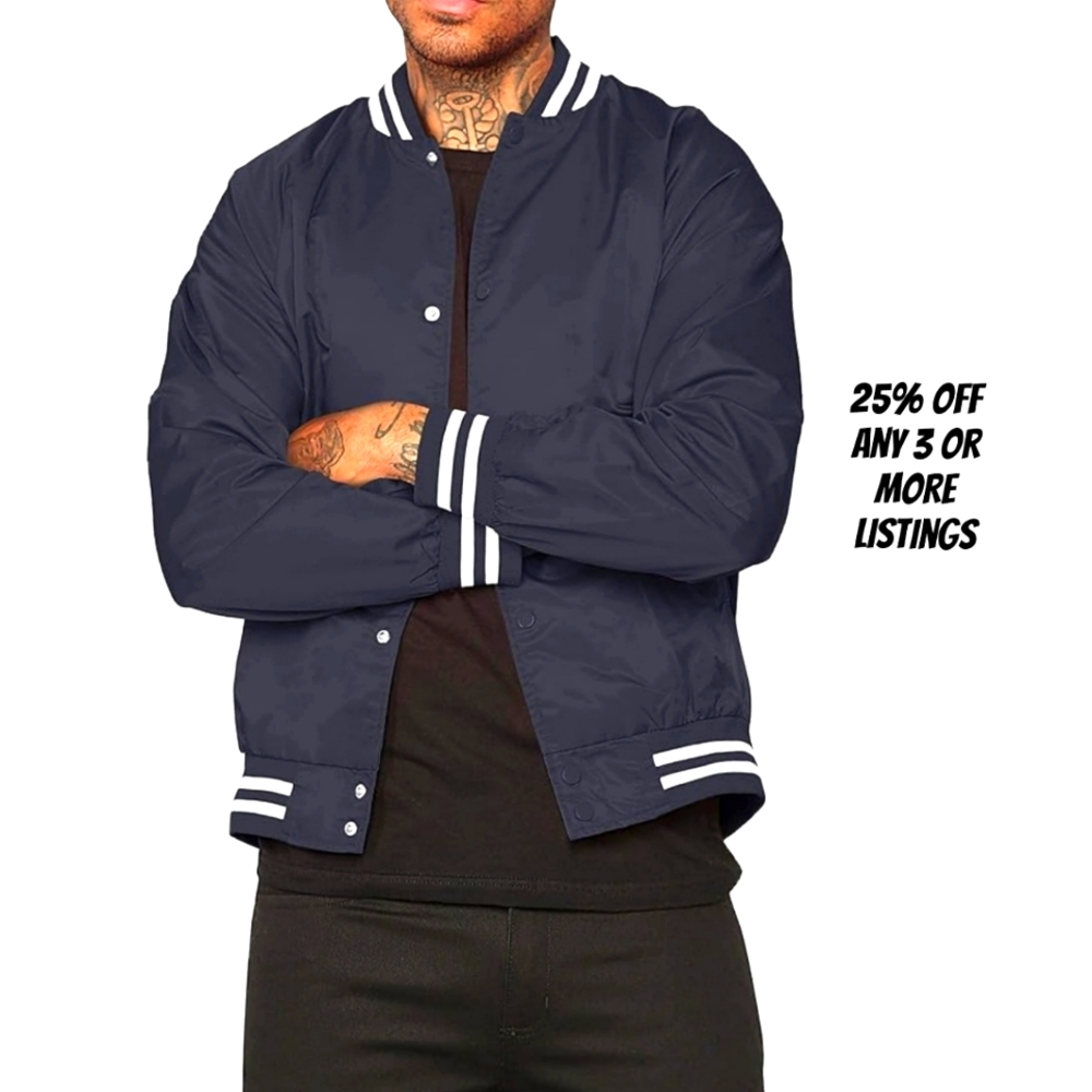 Navy Bomber Jacket Size Large Striped Coat Casual Cozy Sport Varsity Vintage